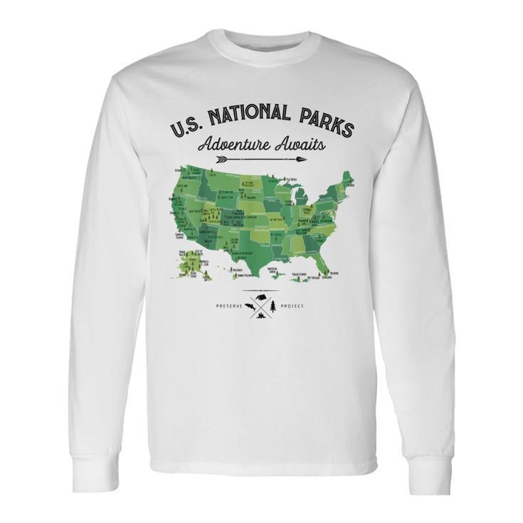 63 National Parks Map Us Park Retro Vintage Camping Hiking Long Sleeve T-Shirt