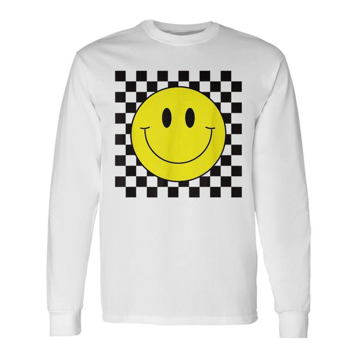 70S Yellow Smile Face Cute Checkered Smiling Happy Long Sleeve T-Shirt