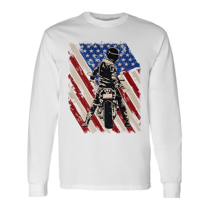 American Flag Biker Motorcycle Usa Pride Rider Back Print Long Sleeve T-Shirt T-Shirt