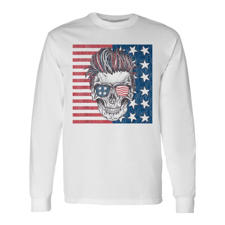 American Flag Skull Skeleton Biker 4Th Of July Biker Long Sleeve T-Shirt T-Shirt