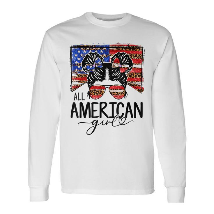 All American Girls 4Th Of July Messy Bun Leopard Patriotic Long Sleeve T-Shirt