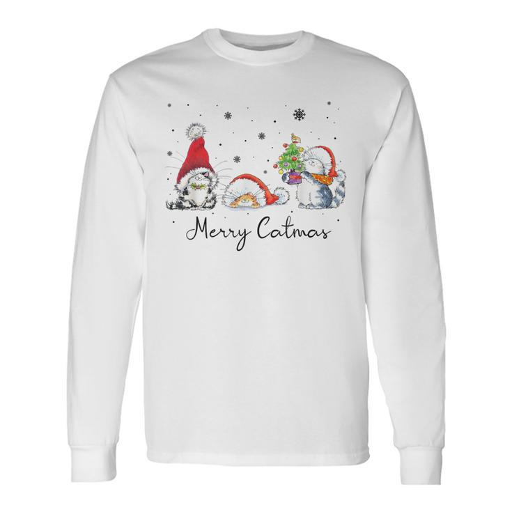 Cats With Santa Hat Merry Catmas Cat Lover Christmas Long Sleeve T-Shirt