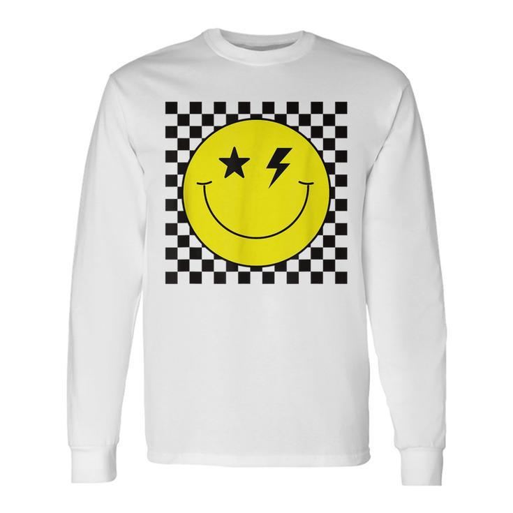 Checkered Lightning Eyes Yellow Smile Face Happy Face Long Sleeve T-Shirt