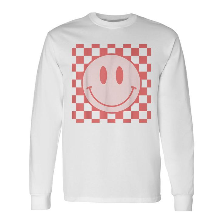 Checkered Pattern Smile Face Vintage Happy Face Red Retro Long Sleeve T-Shirt