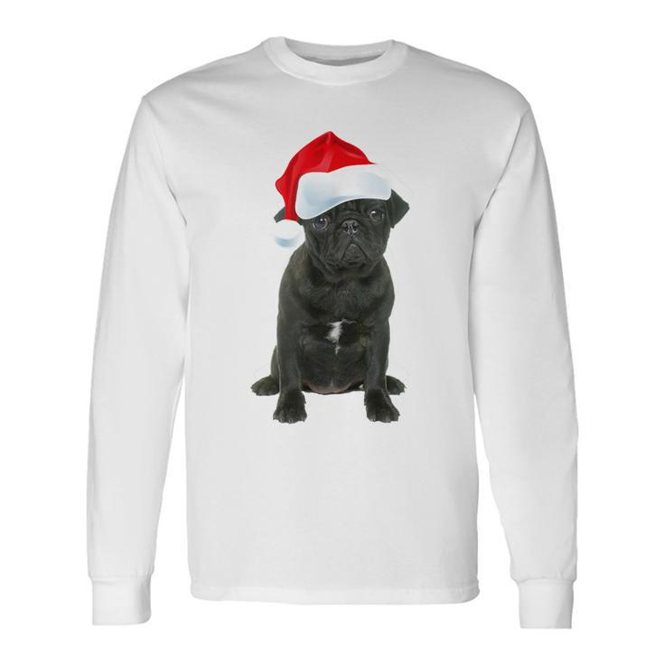 Cute Black Pug Santa Hat Matching Christmas Fun Long Sleeve T-Shirt