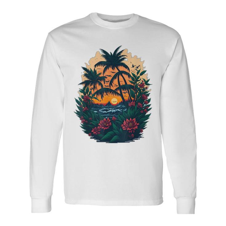 Cute Mountain Sunset Palm Trees Ocean Graphic Long Sleeve T-Shirt