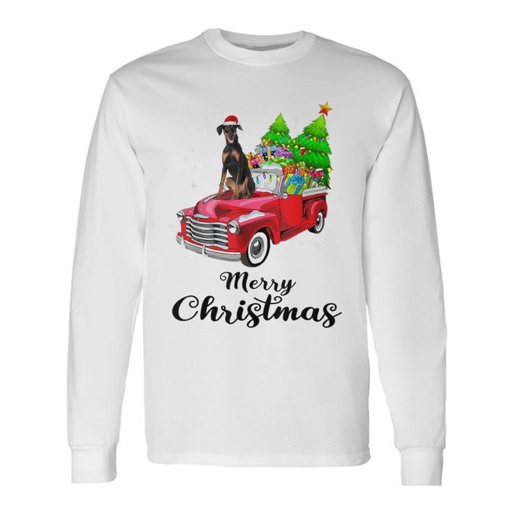 Doberman Pinscher Ride Red Truck Christmas Pajama Long Sleeve T-Shirt