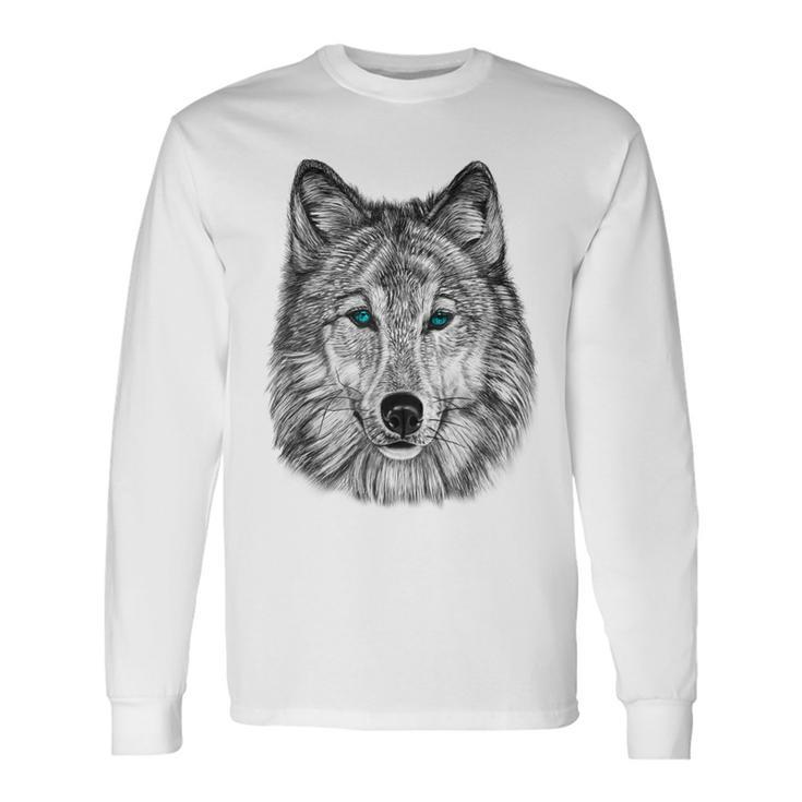Fearless Eye Of The Wolf Face Print Black And White Graphic Long Sleeve T-Shirt