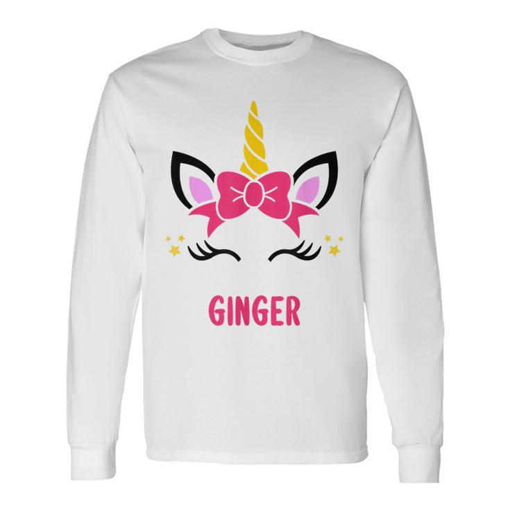 Ginger Personalized Pink Bow Unicorn Face Long Sleeve T-Shirt T-Shirt