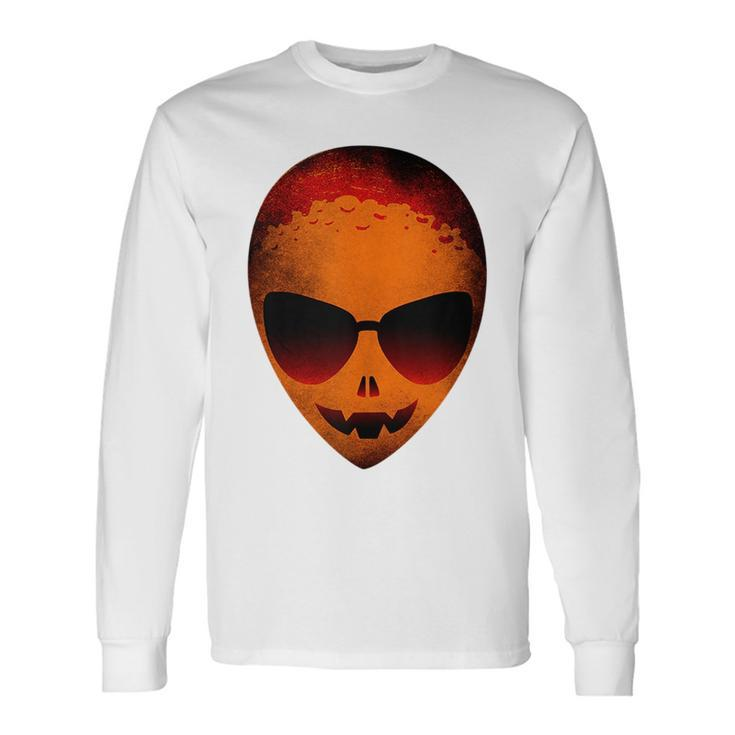 Halloween Scary Moon Face Alien Head In Pumpkin Color Themed Long Sleeve T-Shirt T-Shirt