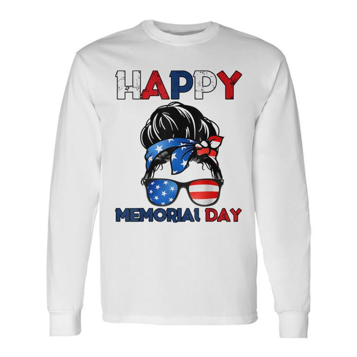 Happy Memorial Day 4Th Of July Messy Bun American Flag Long Sleeve T-Shirt T-Shirt