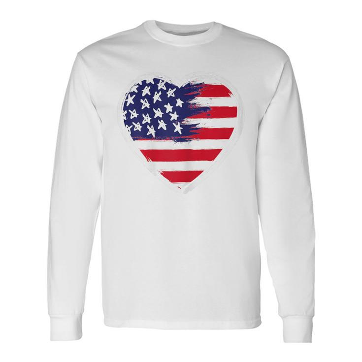 Heart Us Flag 4Th Of July Patriotic American Stars Stripes Long Sleeve T-Shirt