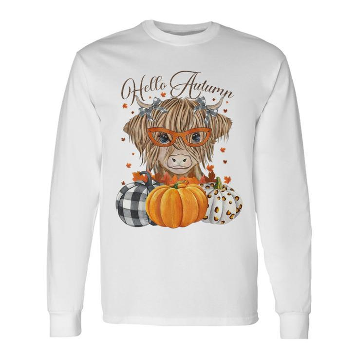 Hello Autumn Fall Highland Cow Pumpkins Thanks Giving Long Sleeve T-Shirt T-Shirt
