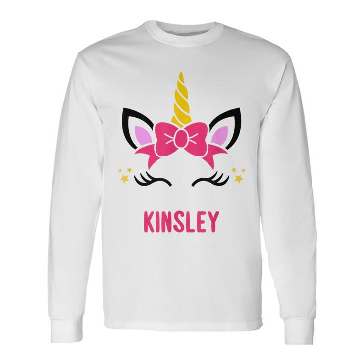 Kinsley Personalized Pink Bow Unicorn Face Long Sleeve T-Shirt