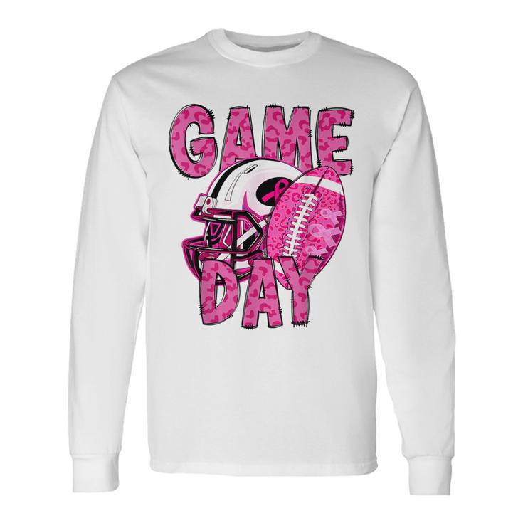 Leopard Game Day Pink American Football Tackle Breast Cancer Long Sleeve T-Shirt