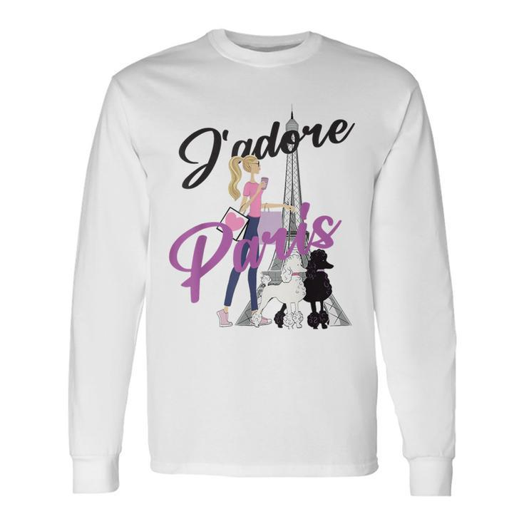 I Love Paris Woman Walking Poodles By Eiffel Tower Long Sleeve T-Shirt