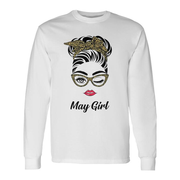 May Girl Birthday Wink Eye Woman Face Leopard Bandana Long Sleeve T-Shirt