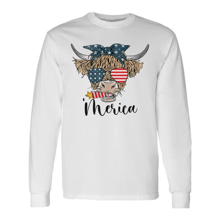 Merica Cow Cute Highland Cow With Bandana Usa Fourth Of July Long Sleeve T-Shirt T-Shirt