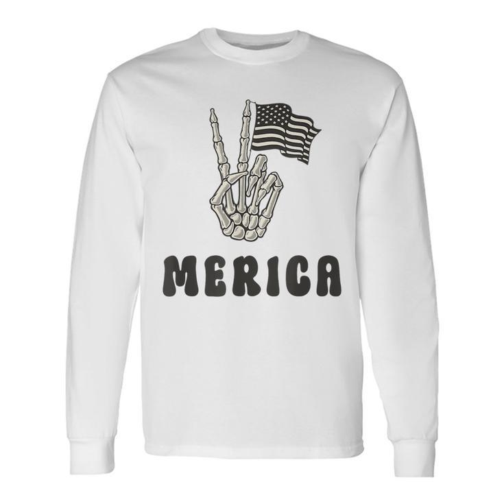 Merica Peace Sign 4Th Of July American Flag Skeleton Hand Long Sleeve T-Shirt T-Shirt