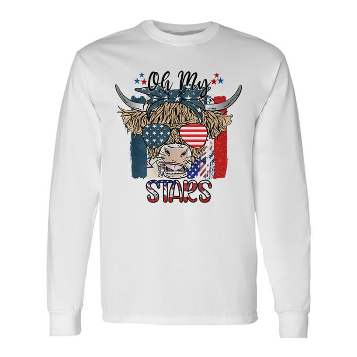 Oh My Stars Highland Cow Heifer Cow Girls 4Th Of July Long Sleeve T-Shirt Gifts ideas