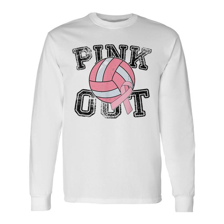 Pink Out Breast Cancer Awareness Pink Ribbon Volleyball Long Sleeve T-Shirt