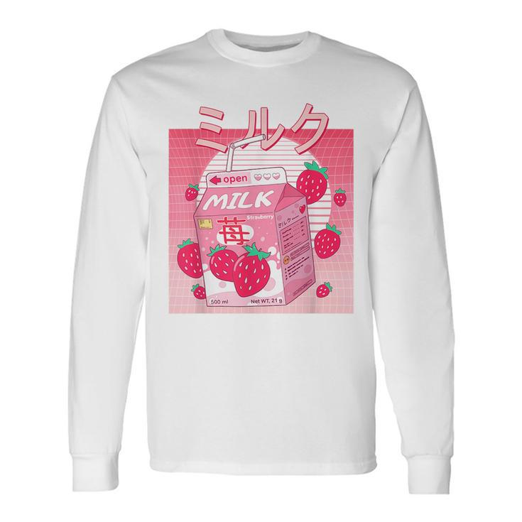 Retro 90S Pink Strawberry Milk Japanese Kawaii 90S Vintage Long Sleeve T-Shirt T-Shirt