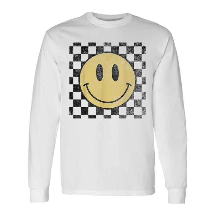Retro Happy Face 70S Distressed Checkered Pattern Smile Face Long Sleeve T-Shirt