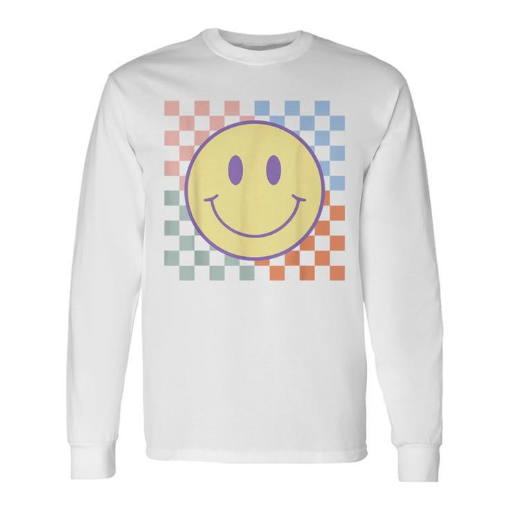 Retro Happy Face Checkered Pattern Smile Face Trendy Long Sleeve T-Shirt