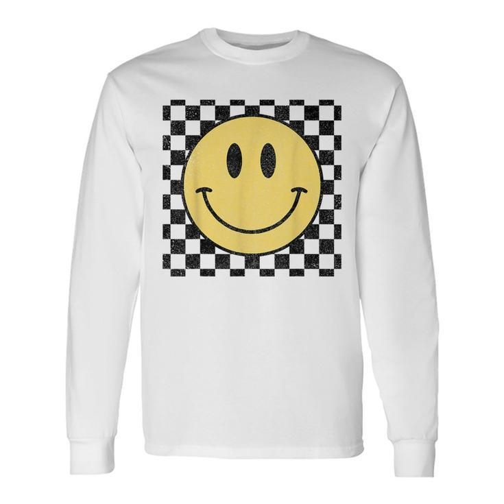 Retro Happy Face Distressed Checkered Pattern Smile Face Long Sleeve T-Shirt