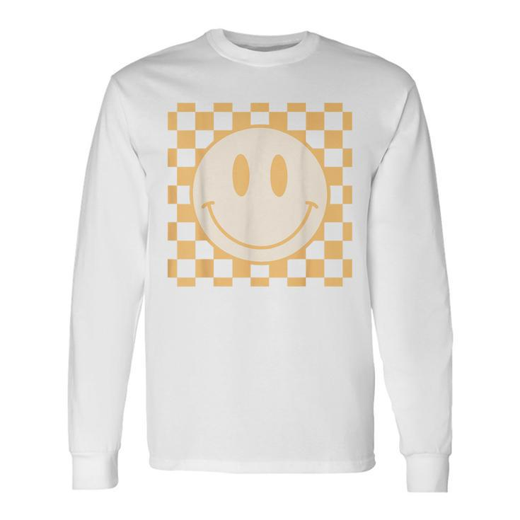 Retro Happy Face Yellow Vintage Checkered Pattern Smile Face Long Sleeve T-Shirt