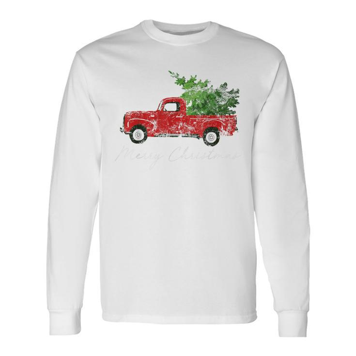 Vintage Christmas Classic Truck With Snow And Tree Long Sleeve T-Shirt