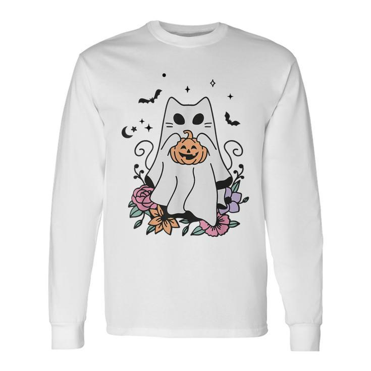 Vintage Halloween Ghost Cat Cute Cat In Ghost Costumes Long Sleeve T-Shirt