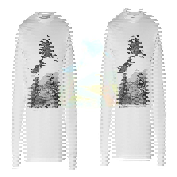 Watercolor Belted Kingfisher Bird Eat Fish Nature Birding Long Sleeve T-Shirt