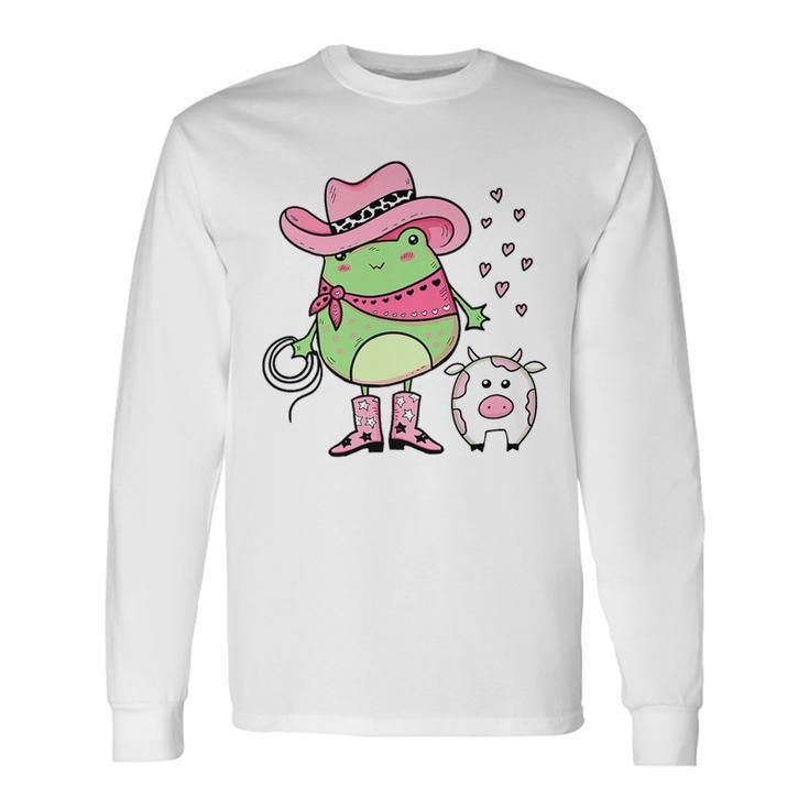 Western Cowgirl Hat Boots Cottagecore Frog Cow Pink For Frog Lovers Long Sleeve T-Shirt