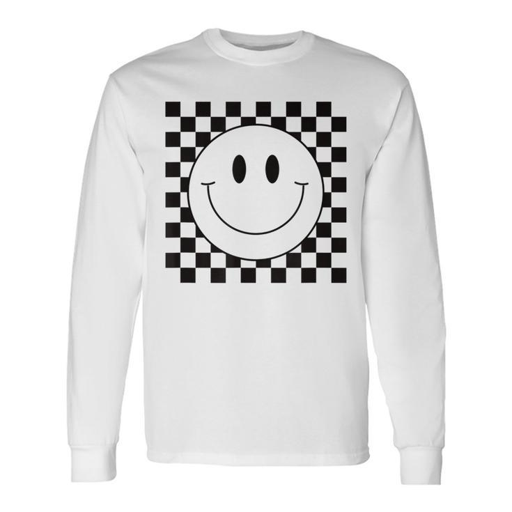 Yellow Smile Face Cute Checkered Pattern Smiling Happy Long Sleeve T-Shirt