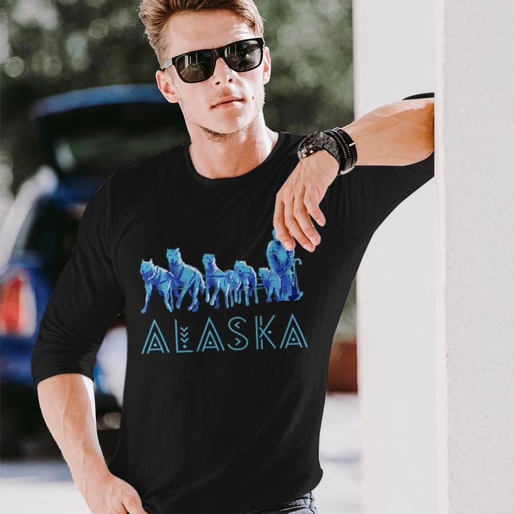 Alaska Sled Dogs Mushing Team Snow Sledding Mountain Scene Long Sleeve T-Shirt Gifts for Him