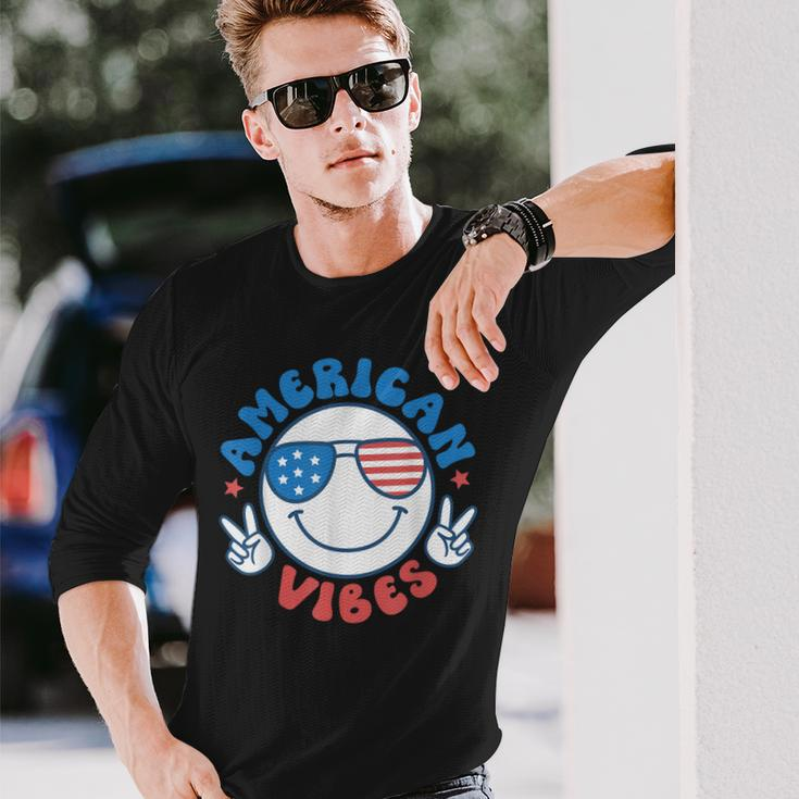 America Vibes Fourth 4Th Of July Happy Face Smile Patriotic Long Sleeve T-Shirt Gifts for Him