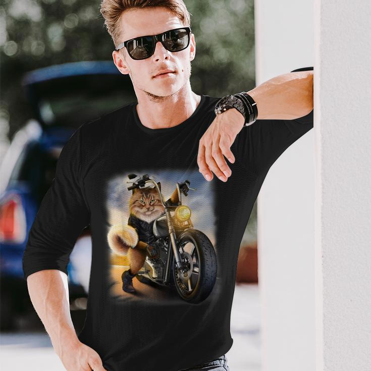 Biker Tabby Cat Riding Chopper Motorcycle Long Sleeve T-Shirt T-Shirt Gifts for Him