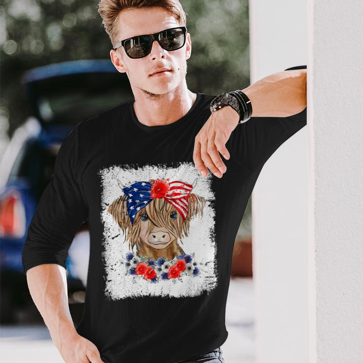 Bleached 4Th Of July Long Haired Calf Usa Patriotic Cow Long Sleeve T-Shirt Gifts for Him