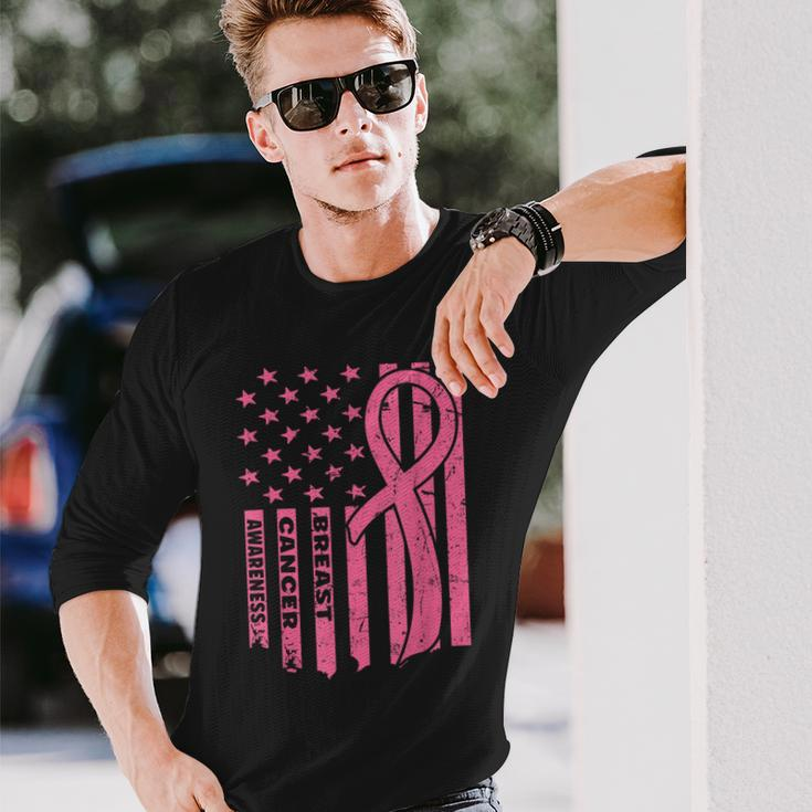 Breast Cancer Awareness Flag Usa Breast Cancer Warrior Long Sleeve T-Shirt Gifts for Him