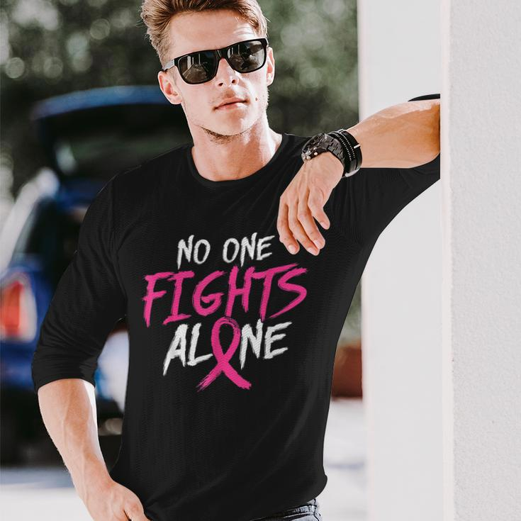 Breast Cancer Awareness No One Fight Alone Month Pink Ribbon Long Sleeve T-Shirt Gifts for Him