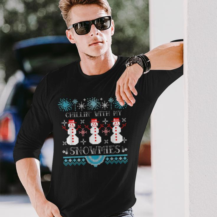 Chillin With My Snowmies Ugly Christmas Sweater Pajama Long Sleeve T-Shirt Gifts for Him