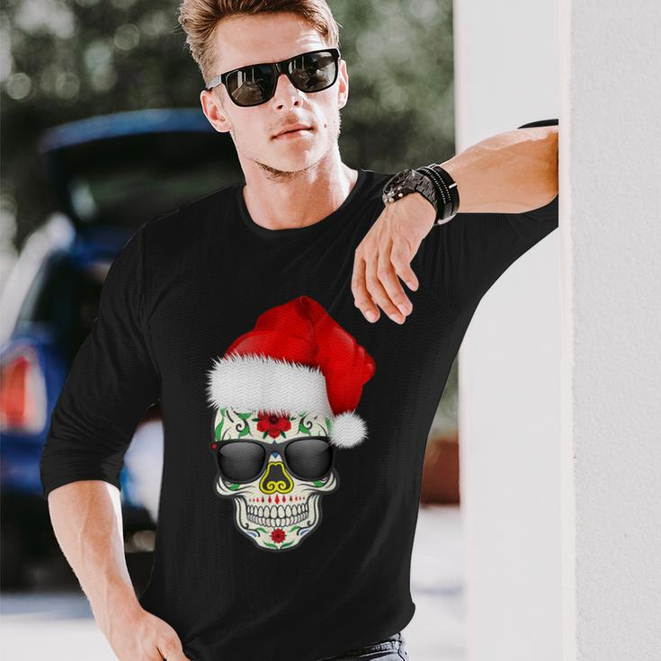 Christmas Hat Santa Day Of The Dead Sugar Skull Party Long Sleeve T-Shirt Gifts for Him