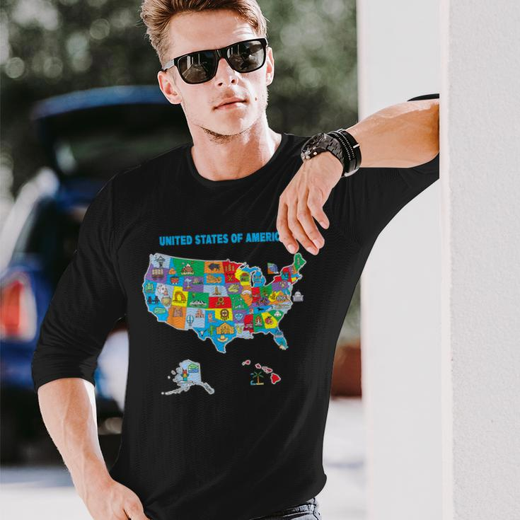 Colorful United States Of America Map Us Landmarks Icons Long Sleeve T-Shirt Gifts for Him