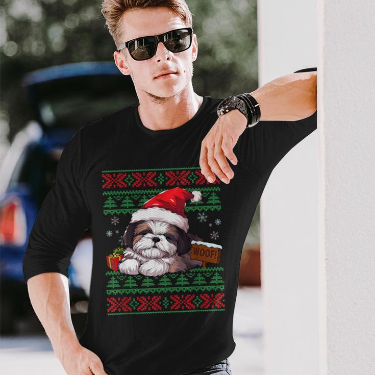 Cute Shih Tzu Dog Lover Santa Hat Ugly Christmas Sweater Long Sleeve T-Shirt Gifts for Him