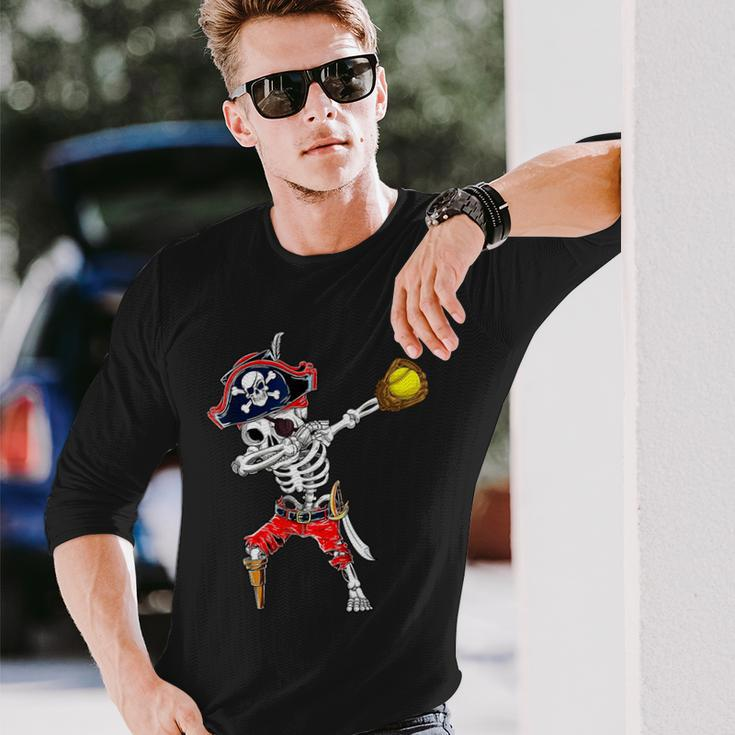 Dabbing Skeleton Pirate & Softball Ball Halloween Costume Long Sleeve T-Shirt Gifts for Him