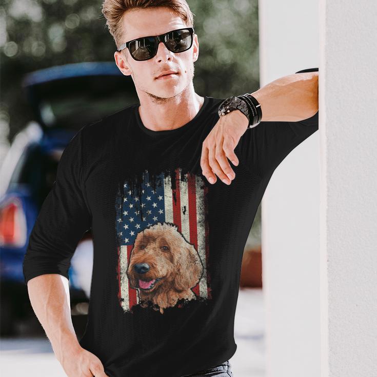 Distressed Goldendoodle American Flag Patriotic Dog Long Sleeve T-Shirt Gifts for Him