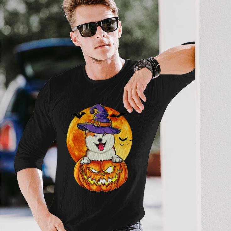 Dog Akita Witch Pumpkin Halloween Dog Lover Long Sleeve T-Shirt Gifts for Him