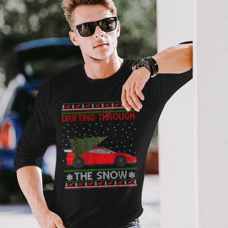 Drifting Through The Snow Ugly Christmas Sweater Tree Car Long Sleeve T-Shirt Gifts for Him
