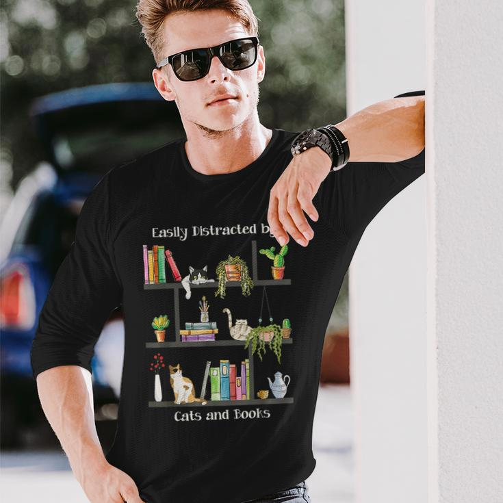 Easily Distracted By Cats And Books Cat Book Lovers Bookworm Long Sleeve T-Shirt T-Shirt Gifts for Him
